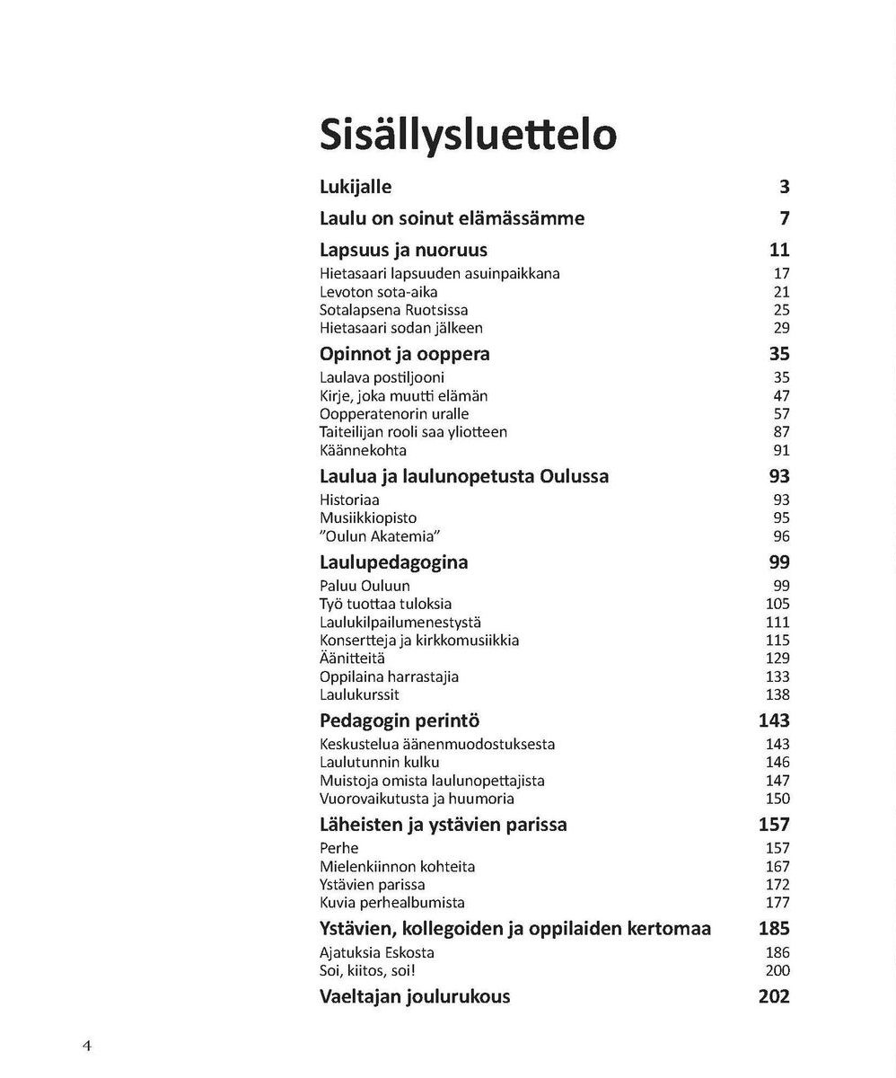 Laulava postiljooni - sisällysluettelo